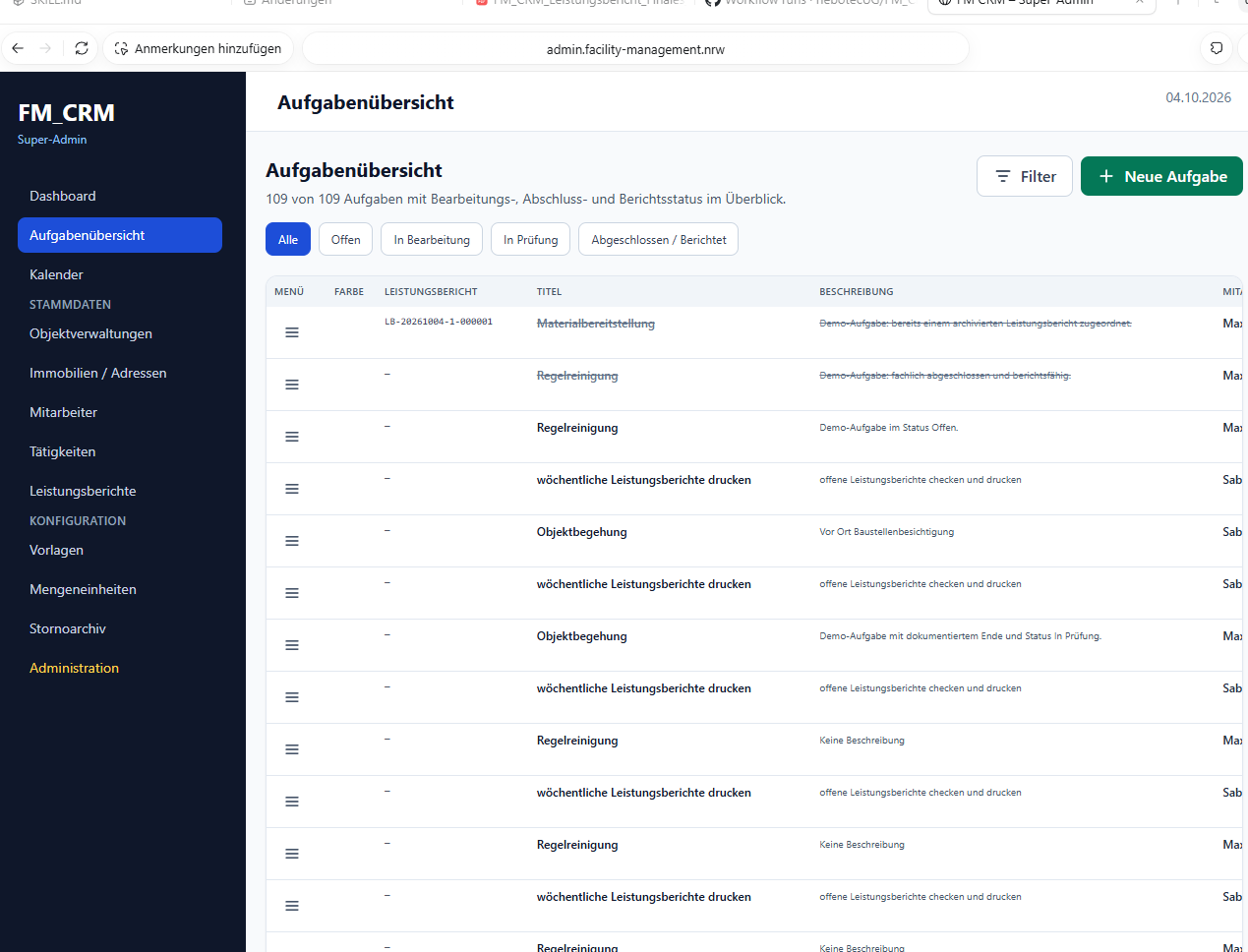 myERP24 Aufgabenübersicht mit Statusfiltern und zentraler Arbeitsansicht