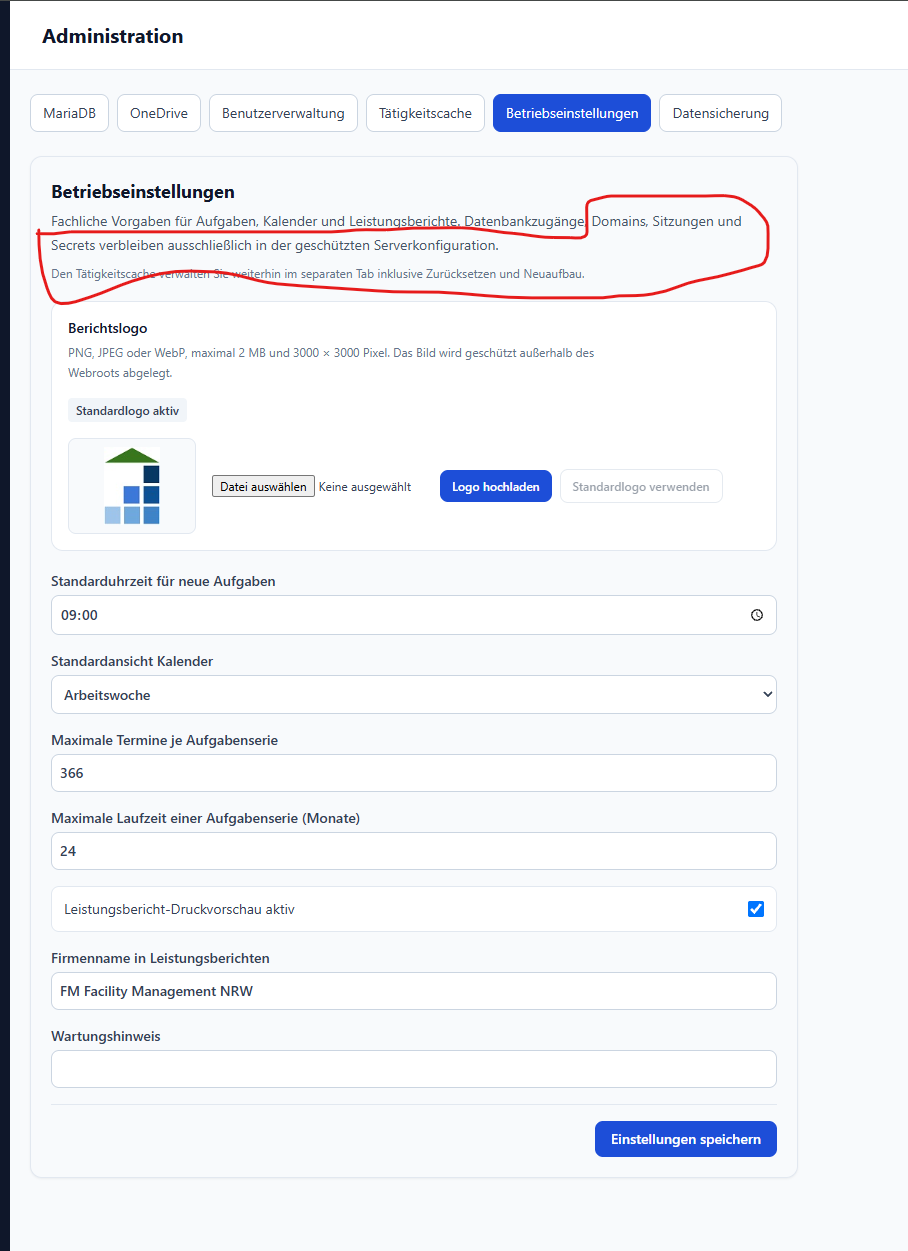 myERP24 Betriebseinstellungen mit Berichtseinstellungen